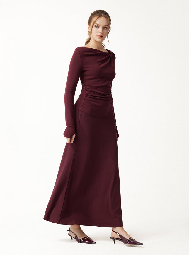 2Pcs Set Asymmetrical Neck Ruched Top & High-Rise A-Line Maxi Skirt