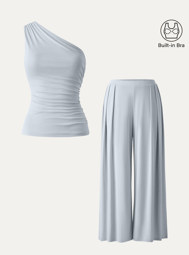 2Pcs Set Regular Wide Leg Palazzo Pant with Pockets & Ruched Built-In Bra Tank