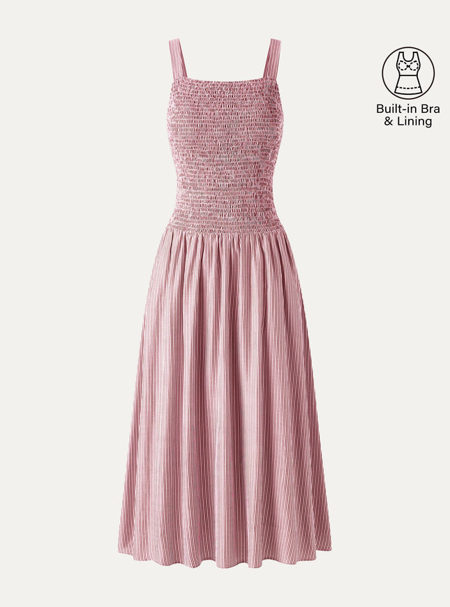 Striped Poplin Square Neck Smocked Midi Built-In Bra Dress