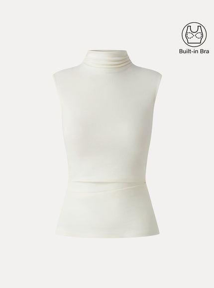 Mock Neck Sleeveless Ruched Built-In Bra Top