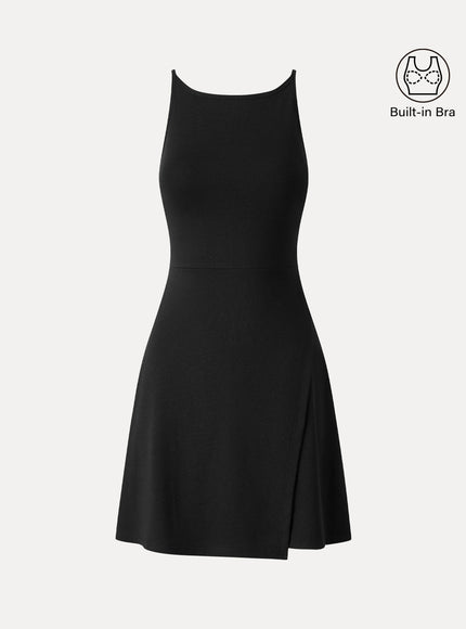 Viscose-Cotton Boatneck Sleeveless Wrap Mini Built-In Bra Dress