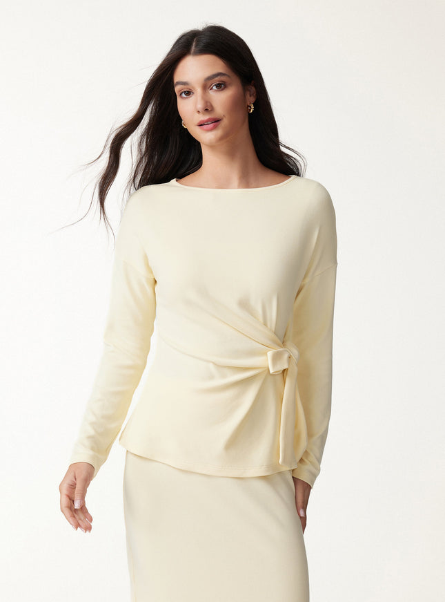 2Pcs Set Boatneck Long Sleeve Top & Mid-Rise Side-Slit Column Midi Skirt