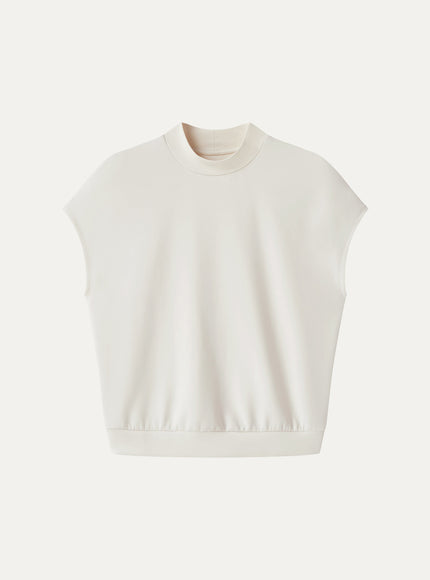 Modal Spacer Knit Mock Neck Cap Sleeve Banded Hem Top