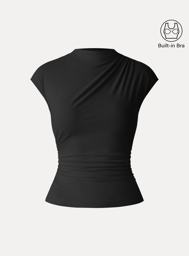 Mockneck Ruched Cropped Built-In Bra Top
