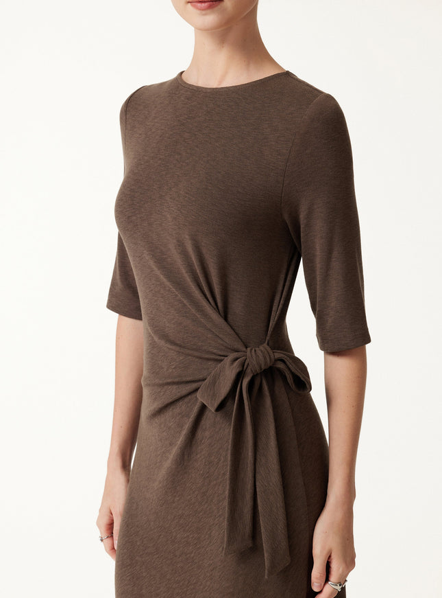 Slub Ribbed Round Neck Elbow Sleeve Tie-Waist Midi Dress