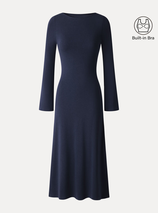 Boatneck Bell Sleeve Midi Built-In Bra Dress