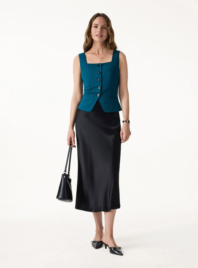 Stretch Ponte Square Neck Cropped Waistcoat with Pockets