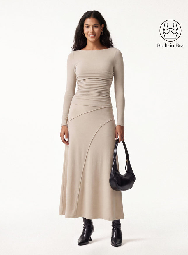2Pcs Set Boatneck Built-In Bra Top & Drapey A-Line Maxi Skirt