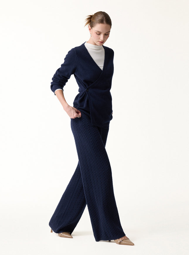 2Pcs Set V-Neck Long Sleeve Wrap Sweater & Cable-Knit Wide-Leg Pants with Pockets