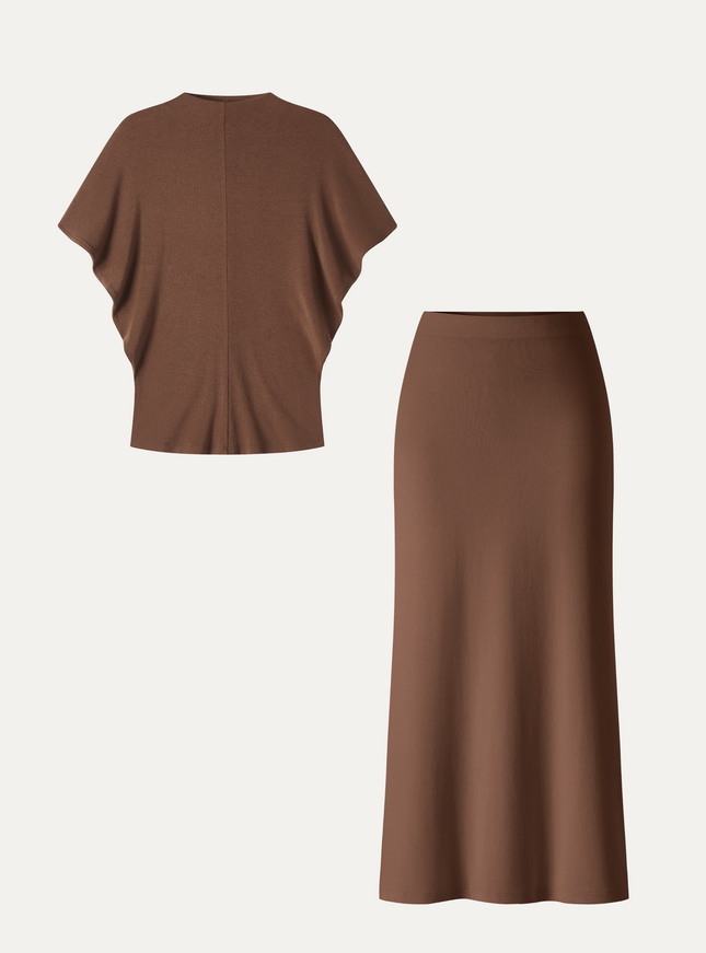 2Pcs Set Mock Neck Cap Sleeve Seamed Top & Mid-Rise Column Midi Skirt