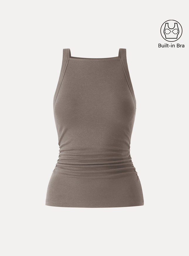 Chic Square Neck Ruched Rib Built-In Bra Tank