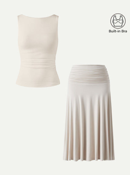 2Pcs Set Open Back Built-In Bra Tank & Side Ruched A-line Midi Skirt