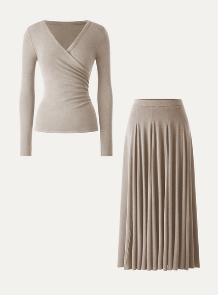 2Pcs Set Surplice Ruched Long Sleeve & Godet Hem Pull-on Maxi Skirt