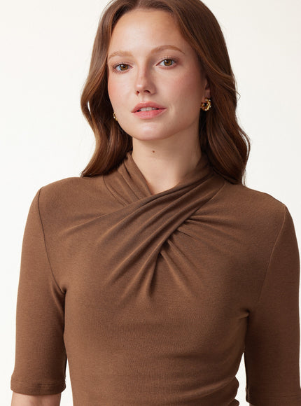 Crisscross Mock Neck Elbow Sleeve Ruched Top