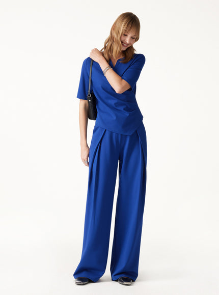 2Pcs Set Surplice Elbow Sleeve Top & Mid-Rise Wide-Leg Tuck Pants with Pockets