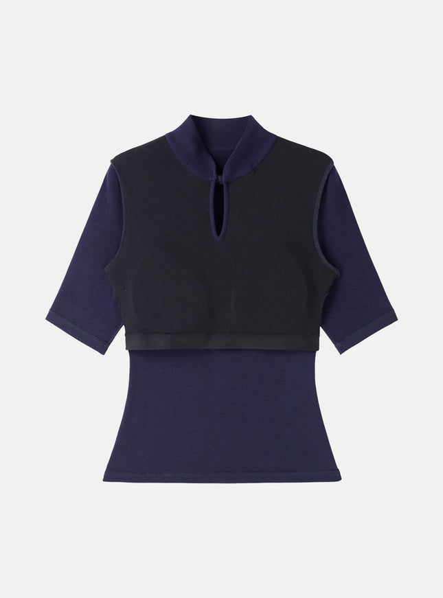 Teardrop Neck Elbow Sleeve Built-In Bra Top
