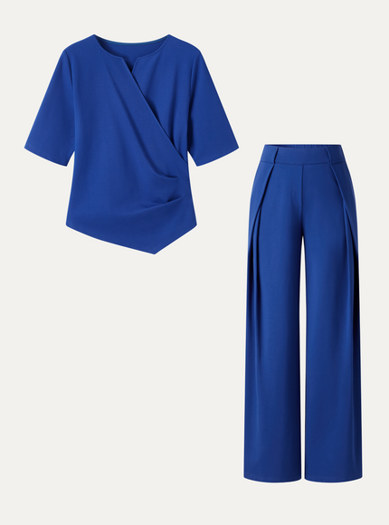 2Pcs Set Surplice Elbow Sleeve Top & Mid-Rise Wide-Leg Tuck Pants with Pockets