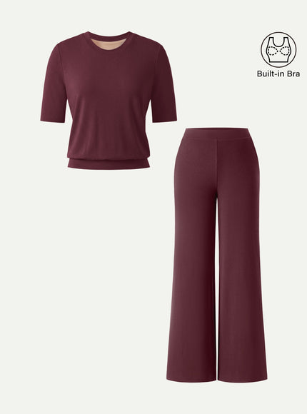 2Pcs Set Petite Wide Leg Pant with Pockets & Crewneck Built-In Bra Top