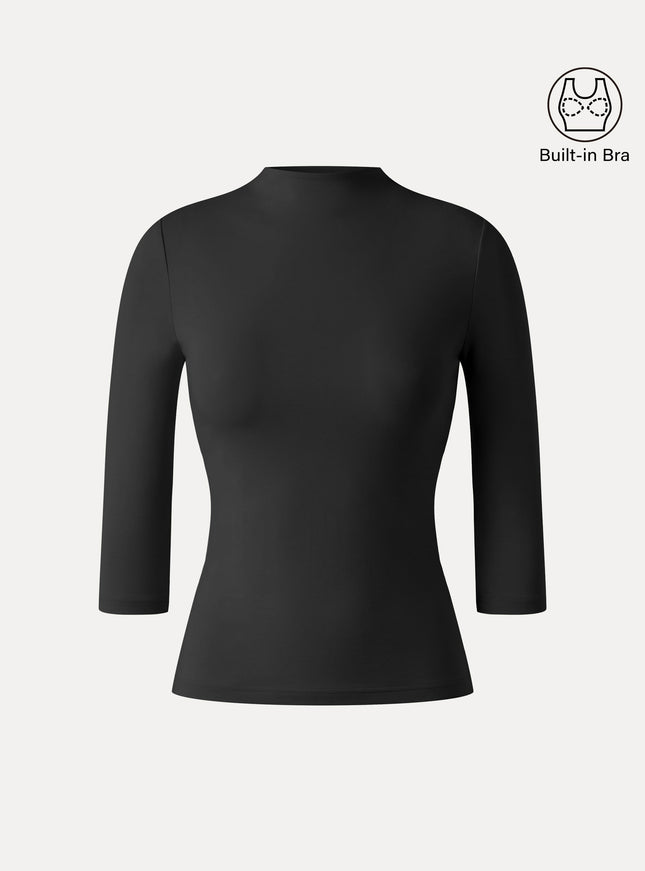 Premium Mock Neck 3/4 Sleeve Built-In Bra Top
