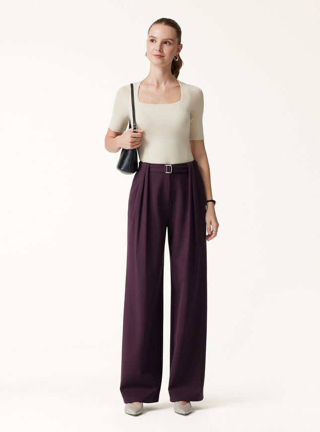 Stretch Ponte High-Rise Belted Wide-Leg Pants with Pockets