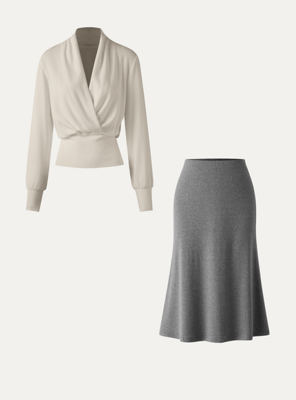 2Pcs Set Surplice Banded Hem Top & Soft Pull-On Midi Skirt