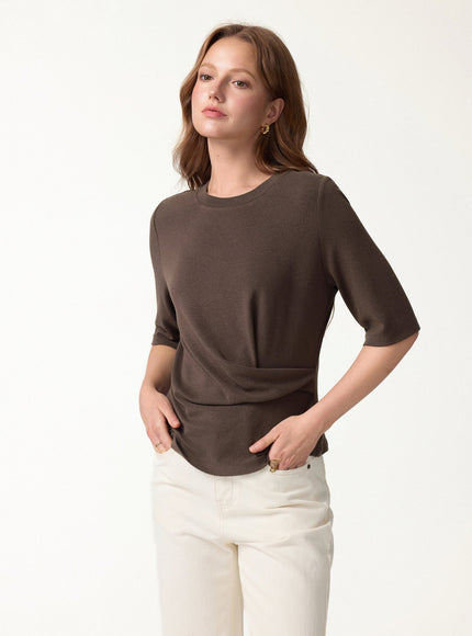 Round Neck Elbow Sleeve Side-Tuck Top