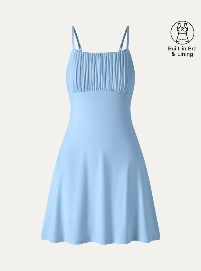 Matte Smooth Square Neck Ruched Spaghetti Mini Built-In Bra Dress