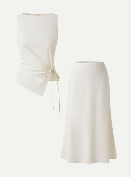 2Pcs Set Boatneck Waist-Defined Top & Maxi Flared Pull-On Skirt