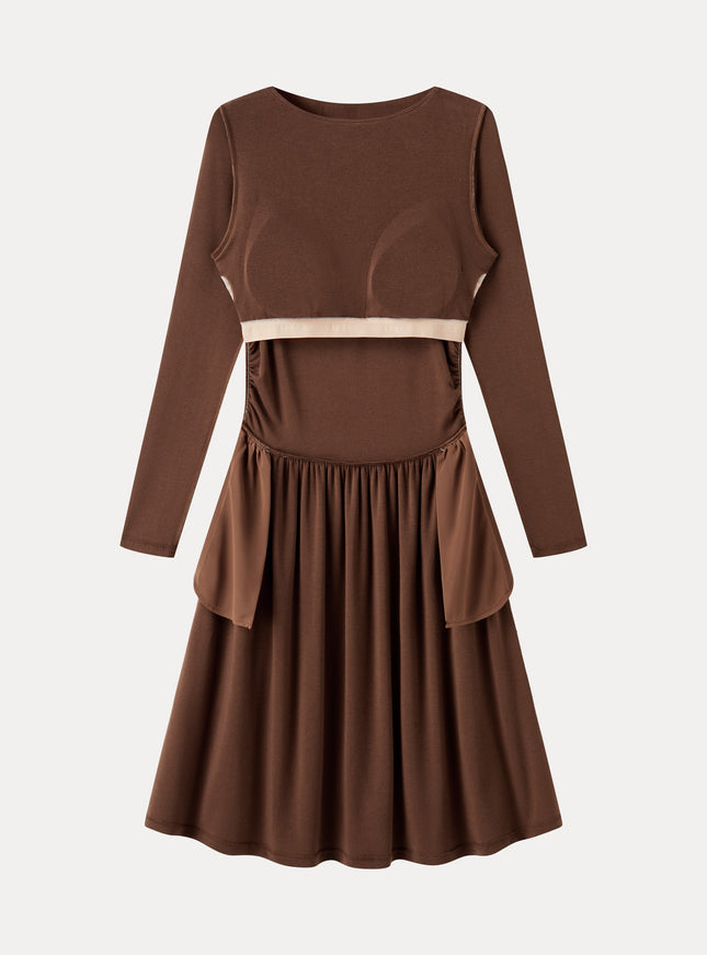 Boatneck Ruched Mini Built-In Bra Dress with Pockets