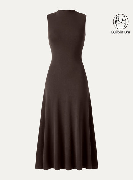 Mock Neck Sleeveless A-Line Midi Built-In Bra Dress