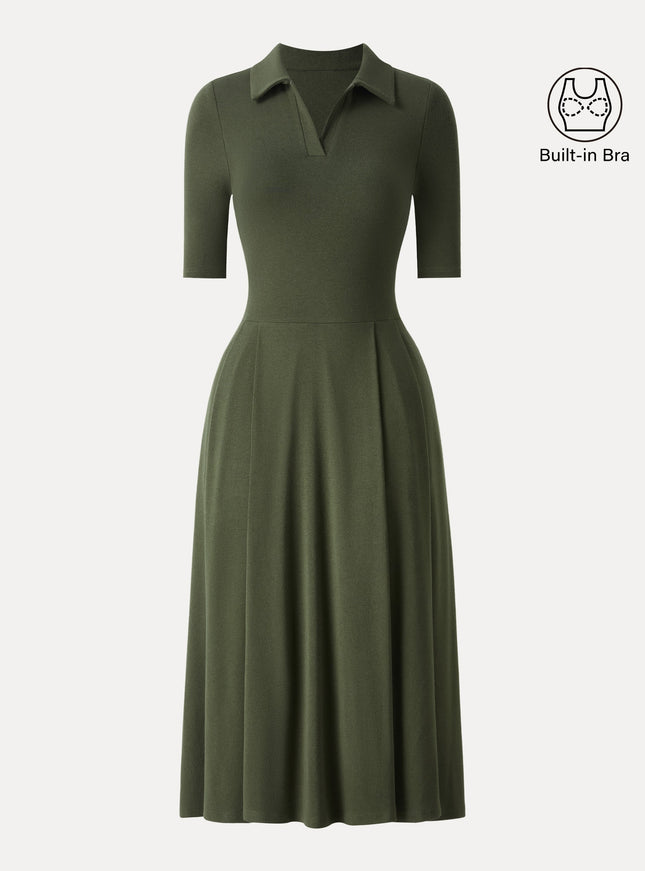 Polo Neck Elbow Length Sleeve Midi Built-In Bra Dress with Pockets