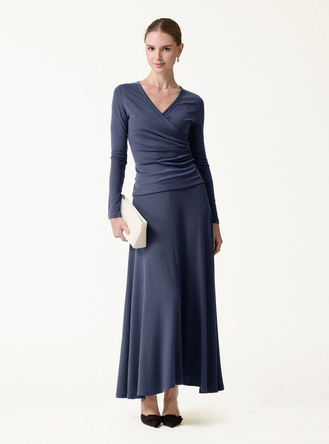 2Pcs Set Surplice Ruched Top & Blend Mid-Rise Umbrella Maxi Skirt