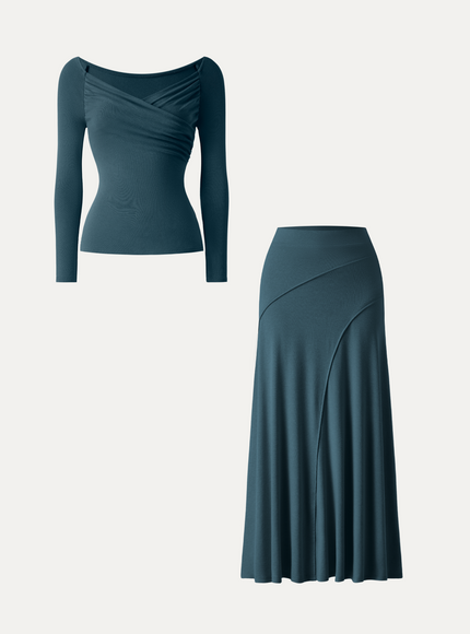 2Pcs Set Surplice Long Sleeve Ruched Top & A-Line Midi Skirt