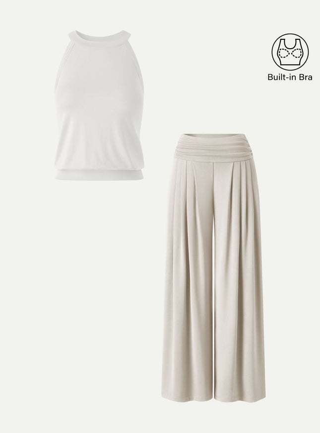 2Pcs Set Halter Neck Built-In Bra Tank & Tucked Pant with Pockets