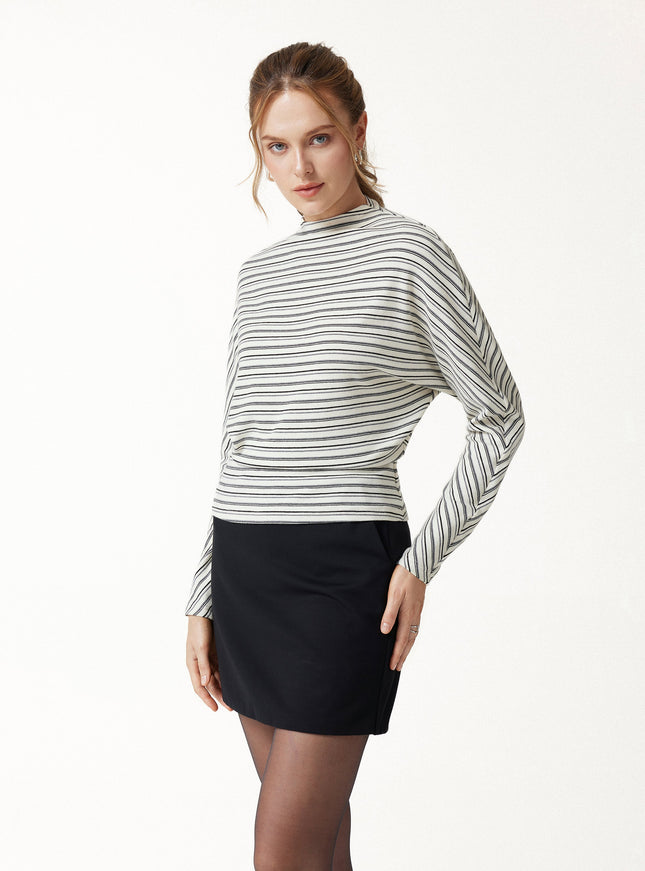 Stripe Mock Neck Batwing Sleeve Top