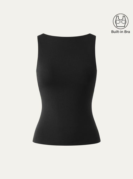 Stretch Cotton Boatneck Built-In Bra Tank